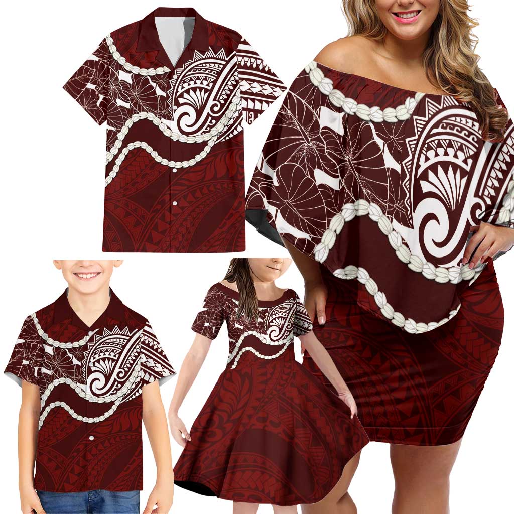 Aloha Hawaii Kalo Pikake Lei Family Matching Off Shoulder Short Dress and Hawaiian Shirt Chest Tattoo Oxblood Hawaiian Pattern LT14 - Polynesian Pride