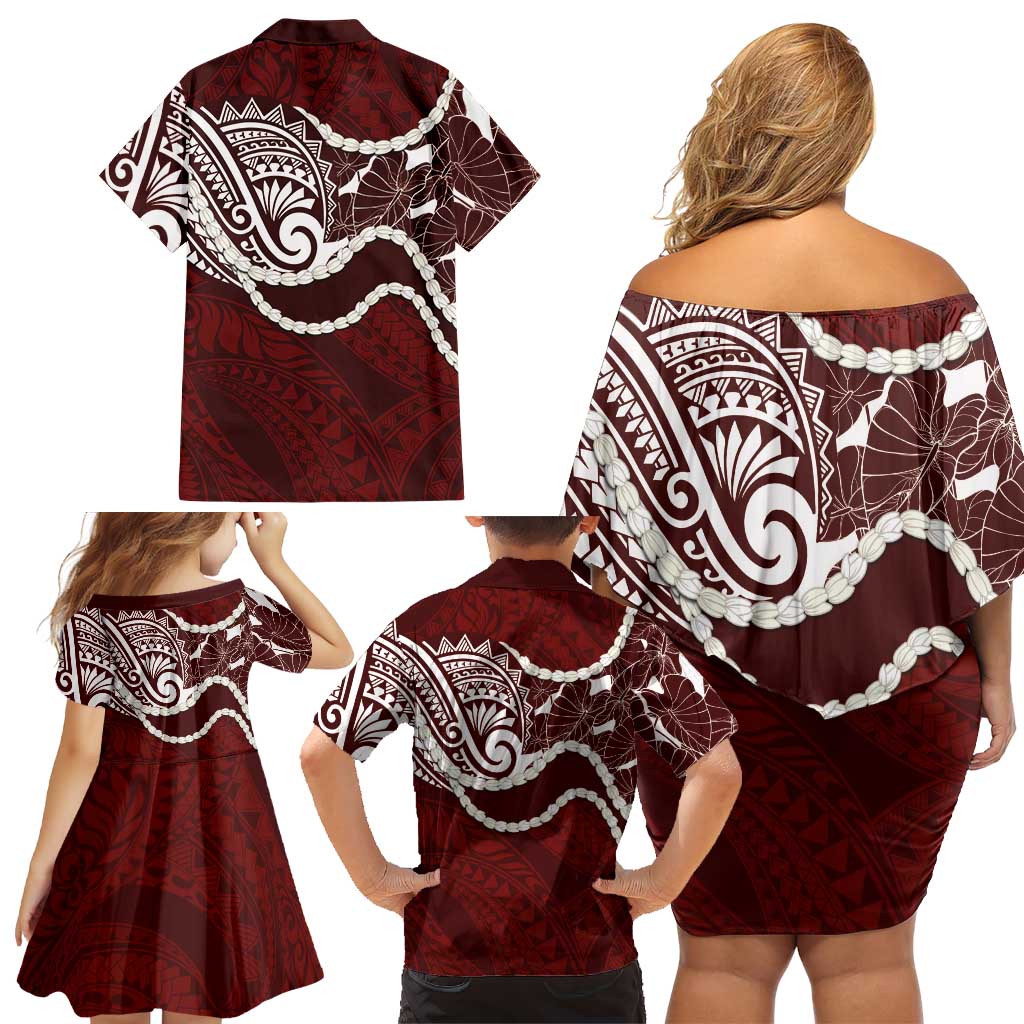 Aloha Hawaii Kalo Pikake Lei Family Matching Off Shoulder Short Dress and Hawaiian Shirt Chest Tattoo Oxblood Hawaiian Pattern LT14 - Polynesian Pride