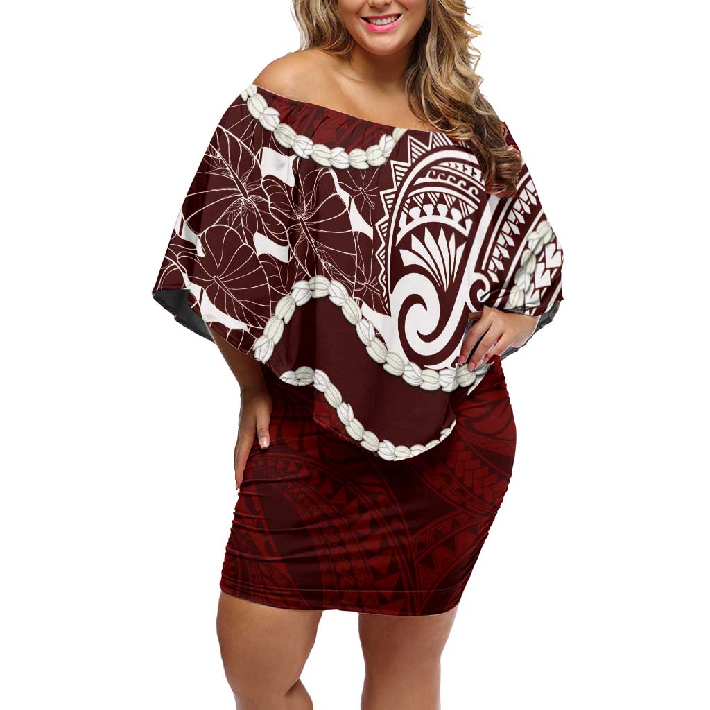 Aloha Hawaii Kalo Pikake Lei Family Matching Off Shoulder Short Dress and Hawaiian Shirt Chest Tattoo Oxblood Hawaiian Pattern LT14 Mom's Dress Oxblood - Polynesian Pride