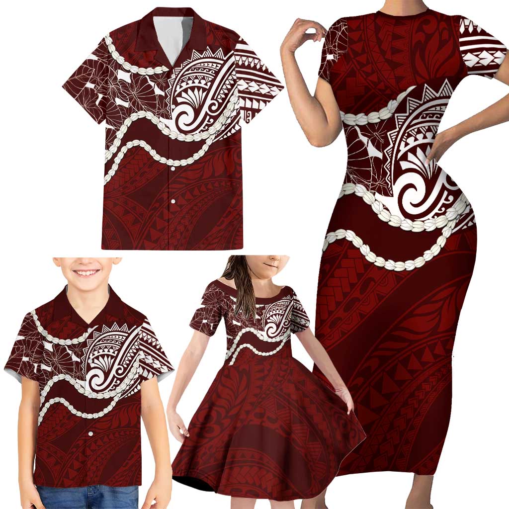 Aloha Hawaii Kalo Pikake Lei Family Matching Short Sleeve Bodycon Dress and Hawaiian Shirt Chest Tattoo Oxblood Hawaiian Pattern LT14 - Polynesian Pride