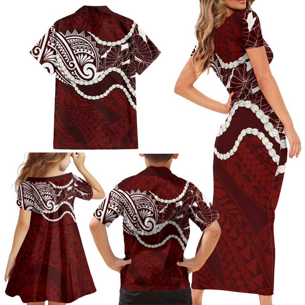 Aloha Hawaii Kalo Pikake Lei Family Matching Short Sleeve Bodycon Dress and Hawaiian Shirt Chest Tattoo Oxblood Hawaiian Pattern LT14 - Polynesian Pride