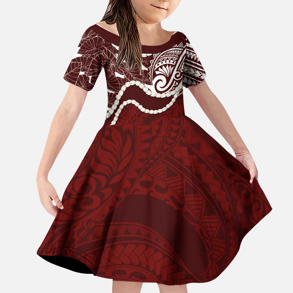 Aloha Hawaii Kalo Pikake Lei Family Matching Tank Maxi Dress and Hawaiian Shirt Chest Tattoo Oxblood Hawaiian Pattern LT14 Daughter's Dress Oxblood - Polynesian Pride