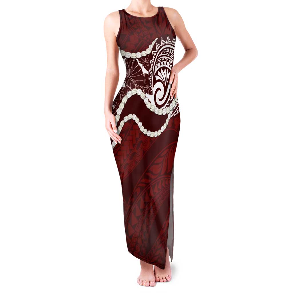 Aloha Hawaii Kalo Pikake Lei Family Matching Tank Maxi Dress and Hawaiian Shirt Chest Tattoo Oxblood Hawaiian Pattern LT14 Mom's Dress Oxblood - Polynesian Pride