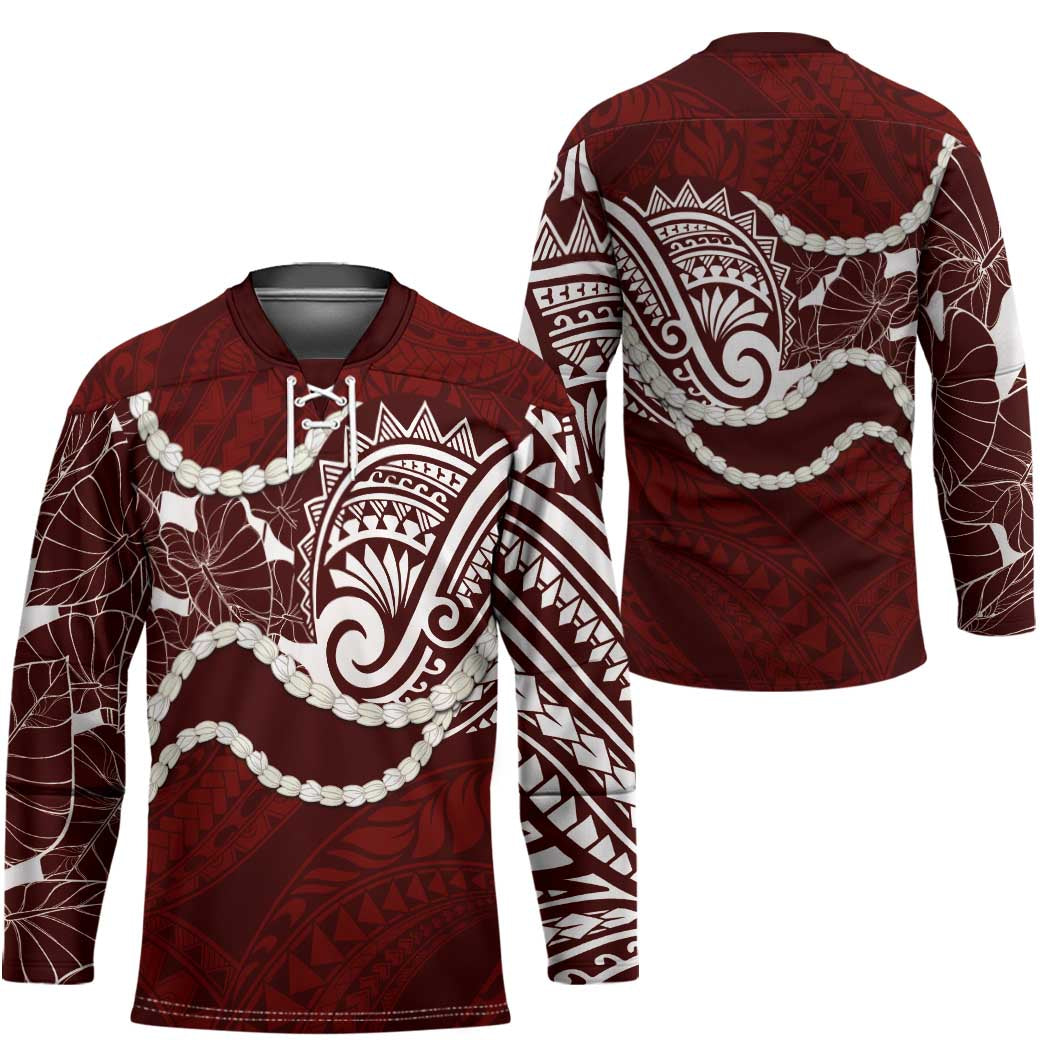 Aloha Hawaii Kalo Pikake Lei Hockey Jersey Chest Tattoo Oxblood Hawaiian Pattern