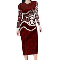 Aloha Hawaii Kalo Pikake Lei Long Sleeve Bodycon Dress Chest Tattoo Oxblood Hawaiian Pattern LT14 Long Dress Oxblood - Polynesian Pride