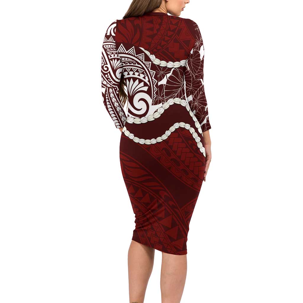 Aloha Hawaii Kalo Pikake Lei Long Sleeve Bodycon Dress Chest Tattoo Oxblood Hawaiian Pattern LT14 - Polynesian Pride