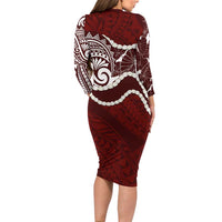 Aloha Hawaii Kalo Pikake Lei Long Sleeve Bodycon Dress Chest Tattoo Oxblood Hawaiian Pattern LT14 - Polynesian Pride
