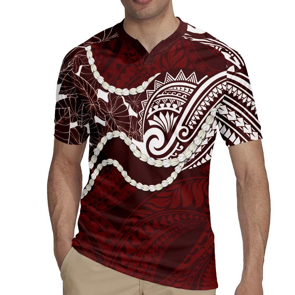 Aloha Hawaii Kalo Pikake Lei Rugby Jersey Chest Tattoo Oxblood Hawaiian Pattern
