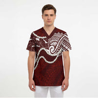 Aloha Hawaii Kalo Pikake Lei Scrub Top Chest Tattoo Oxblood Hawaiian Pattern
