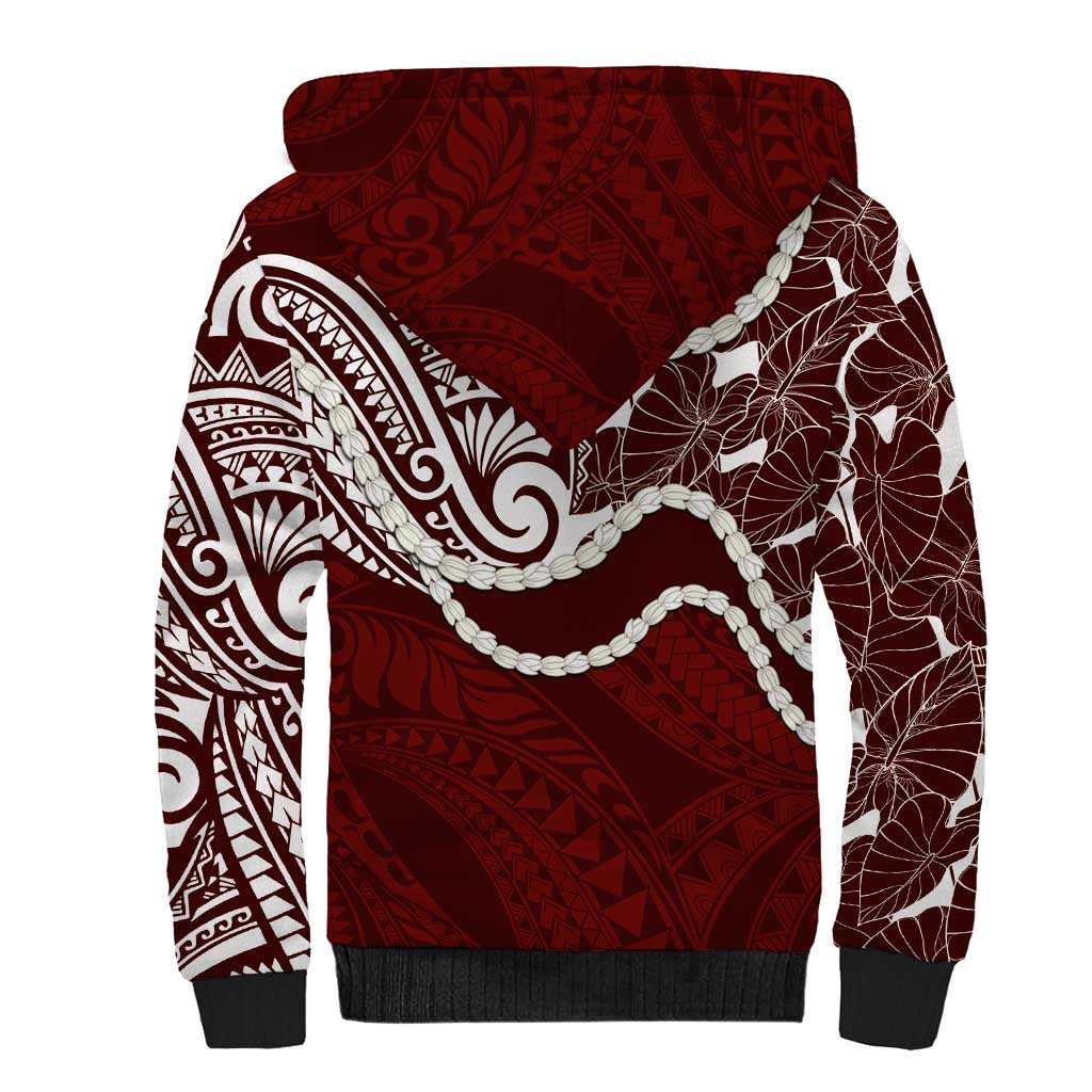 Aloha Hawaii Kalo Pikake Lei Sherpa Hoodie Chest Tattoo Oxblood Hawaiian Pattern