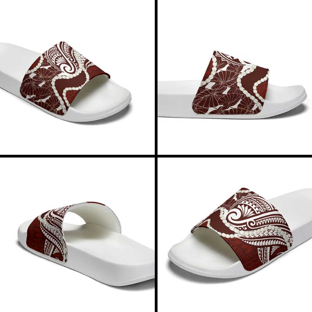 Aloha Hawaii Kalo Pikake Lei Slide Sandals Chest Tattoo Oxblood Hawaiian Pattern