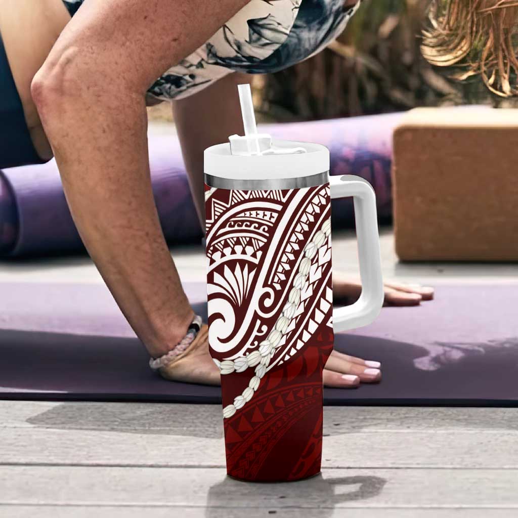 Aloha Hawaii Kalo Pikake Lei Tumbler With Handle Chest Tattoo Oxblood Hawaiian Pattern