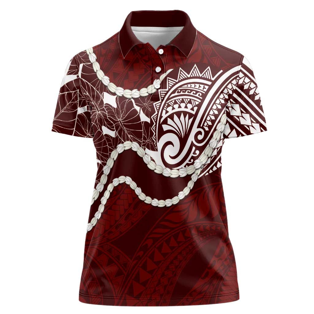 Aloha Hawaii Kalo Pikake Lei Women Polo Shirt Chest Tattoo Oxblood Hawaiian Pattern