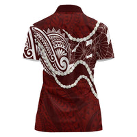 Aloha Hawaii Kalo Pikake Lei Women Polo Shirt Chest Tattoo Oxblood Hawaiian Pattern