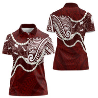 Aloha Hawaii Kalo Pikake Lei Women Polo Shirt Chest Tattoo Oxblood Hawaiian Pattern
