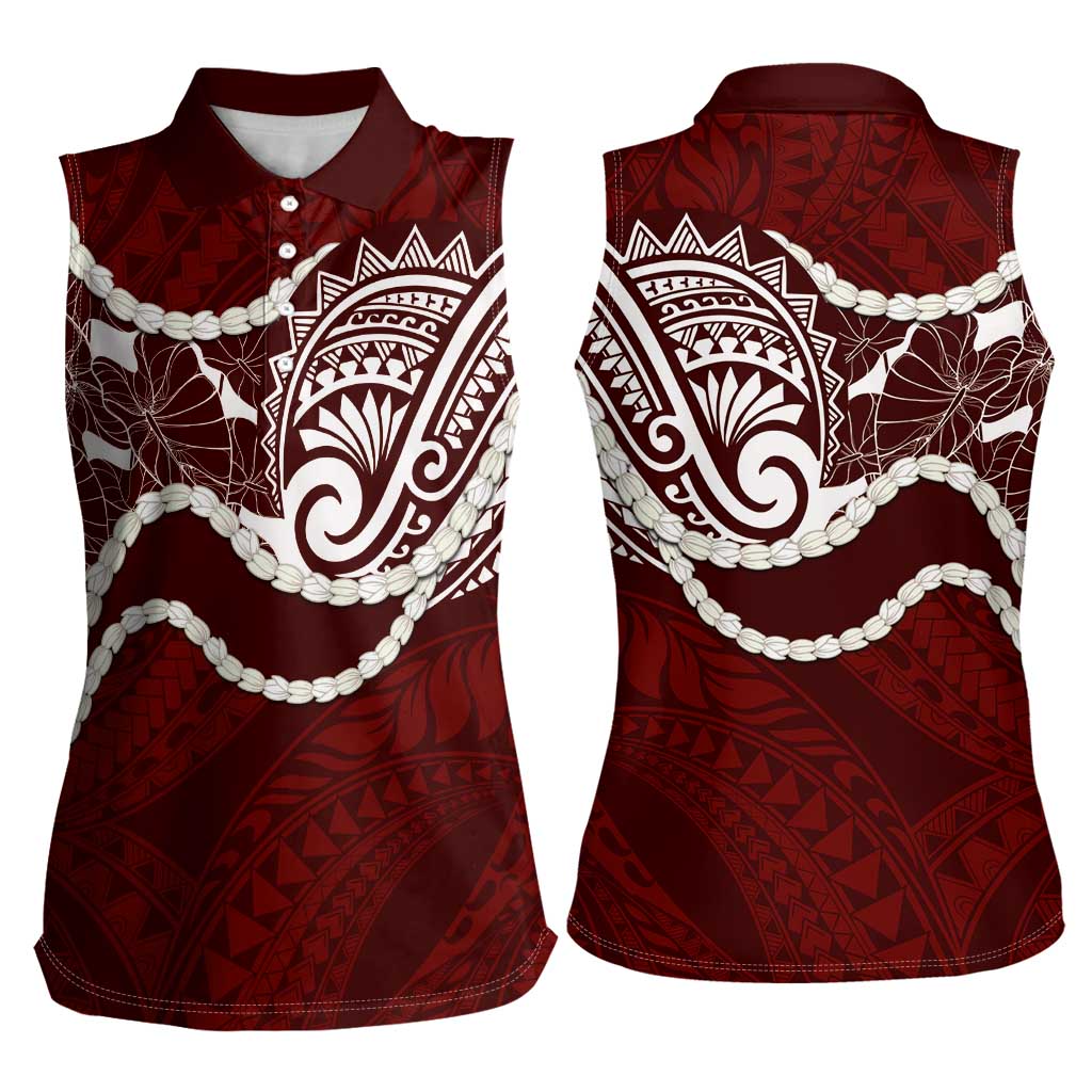 Aloha Hawaii Kalo Pikake Lei Women Sleeveless Polo Shirt Chest Tattoo Oxblood Hawaiian Pattern