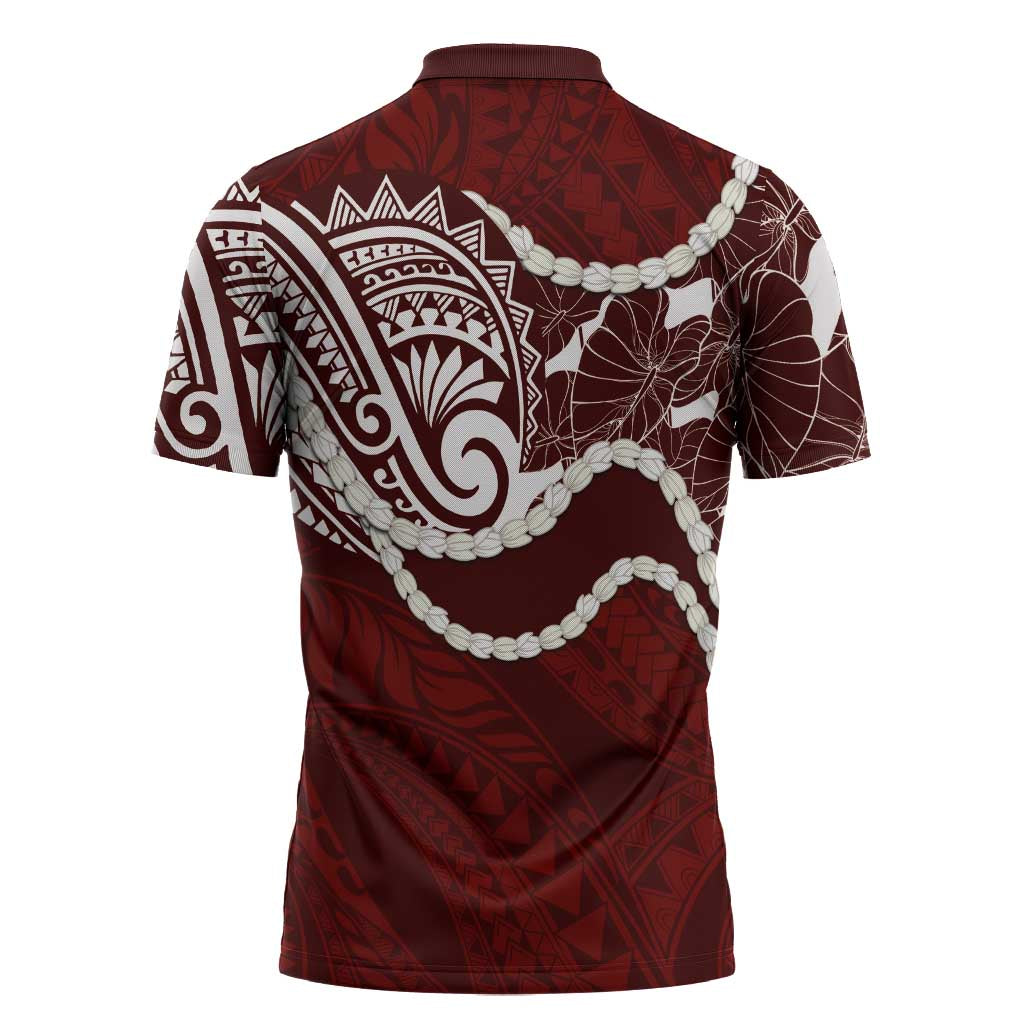 Aloha Hawaii Kalo Pikake Lei Zipper Polo Shirt Chest Tattoo Oxblood Hawaiian Pattern