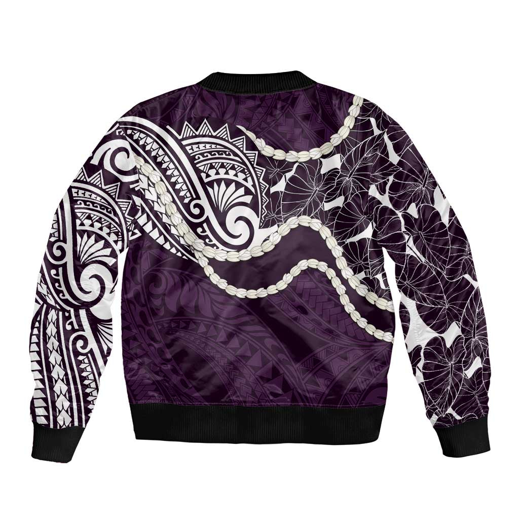 Aloha Hawaii Kalo Pikake Lei Bomber Jacket Chest Tattoo Purple Hawaiian Pattern