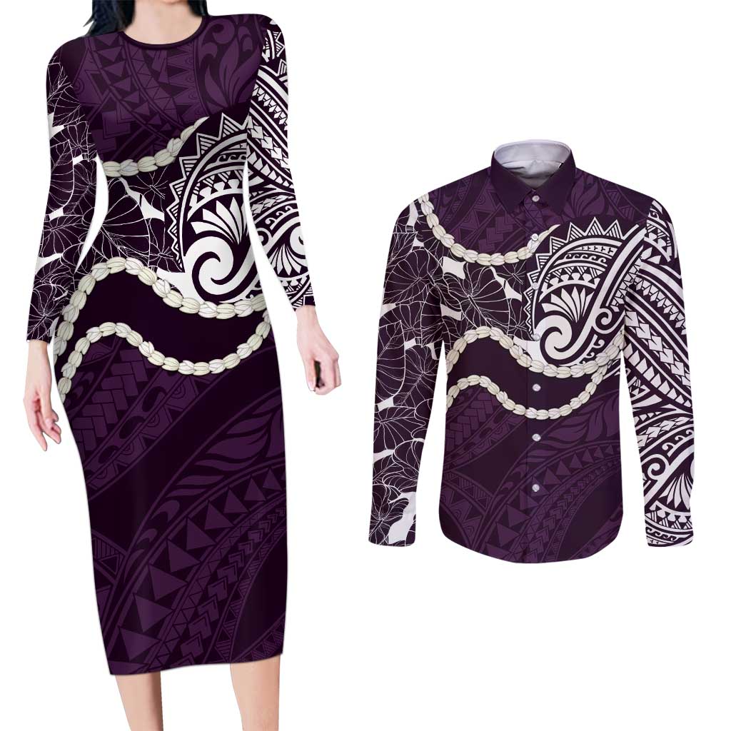 Aloha Hawaii Kalo Pikake Lei Couples Matching Long Sleeve Bodycon Dress and Long Sleeve Button Shirt Chest Tattoo Purple Hawaiian Pattern LT14 Purple - Polynesian Pride