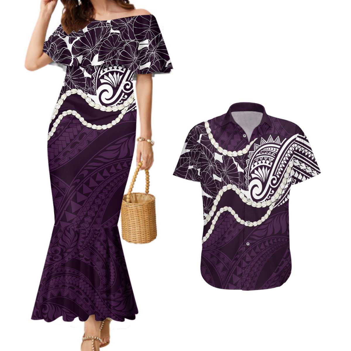 Aloha Hawaii Kalo Pikake Lei Couples Matching Mermaid Dress and Hawaiian Shirt Chest Tattoo Purple Hawaiian Pattern LT14 Purple - Polynesian Pride