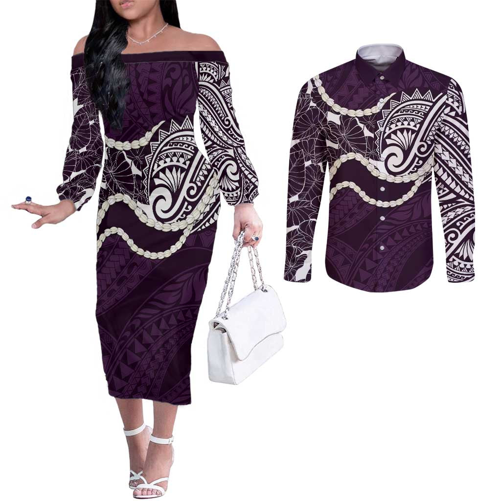 Aloha Hawaii Kalo Pikake Lei Couples Matching Off The Shoulder Long Sleeve Dress and Long Sleeve Button Shirt Chest Tattoo Purple Hawaiian Pattern