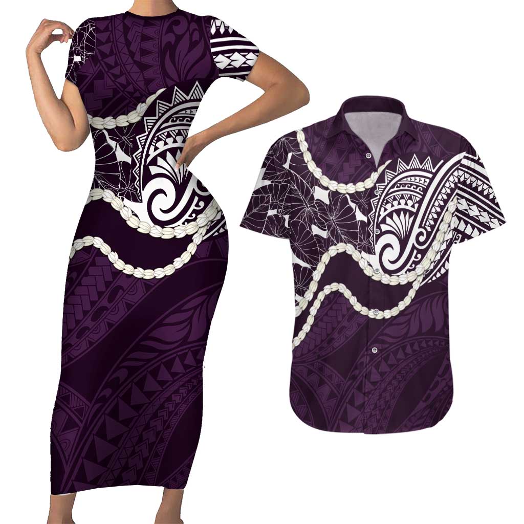 Aloha Hawaii Kalo Pikake Lei Couples Matching Short Sleeve Bodycon Dress and Hawaiian Shirt Chest Tattoo Purple Hawaiian Pattern LT14 Purple - Polynesian Pride