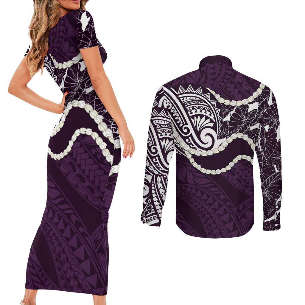 Aloha Hawaii Kalo Pikake Lei Couples Matching Short Sleeve Bodycon Dress and Long Sleeve Button Shirt Chest Tattoo Purple Hawaiian Pattern LT14 - Polynesian Pride