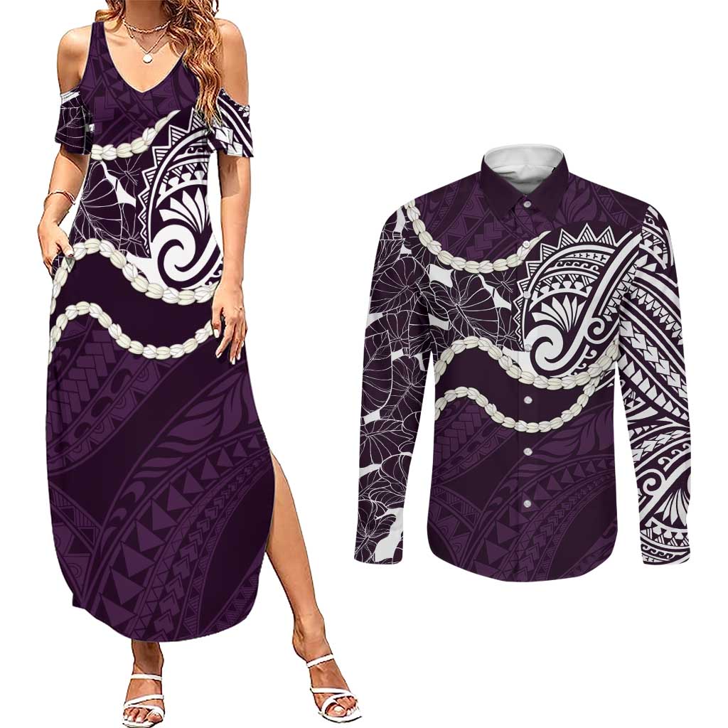 Aloha Hawaii Kalo Pikake Lei Couples Matching Summer Maxi Dress and Long Sleeve Button Shirt Chest Tattoo Purple Hawaiian Pattern