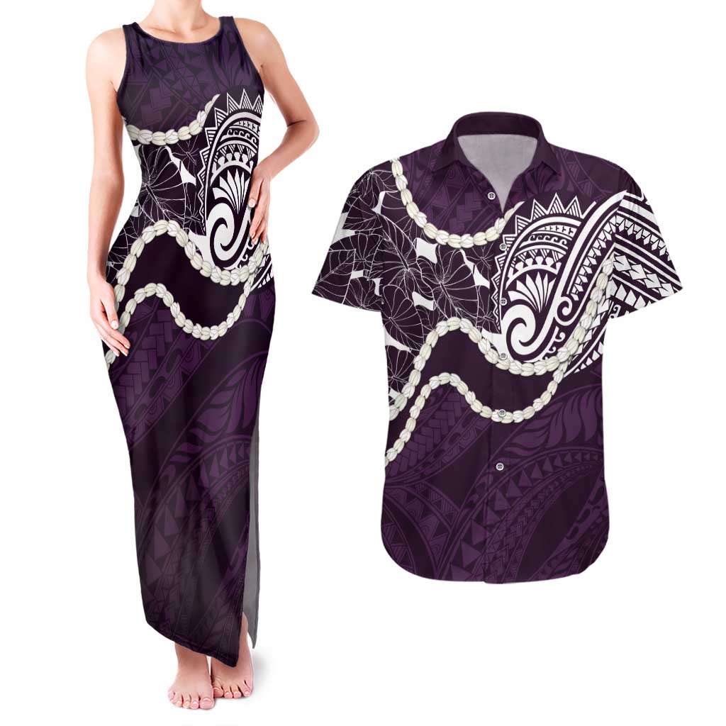 Aloha Hawaii Kalo Pikake Lei Couples Matching Tank Maxi Dress and Hawaiian Shirt Chest Tattoo Purple Hawaiian Pattern LT14 Purple - Polynesian Pride