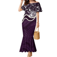 Aloha Hawaii Kalo Pikake Lei Family Matching Mermaid Dress and Hawaiian Shirt Chest Tattoo Purple Hawaiian Pattern LT14 Mom's Dress Purple - Polynesian Pride
