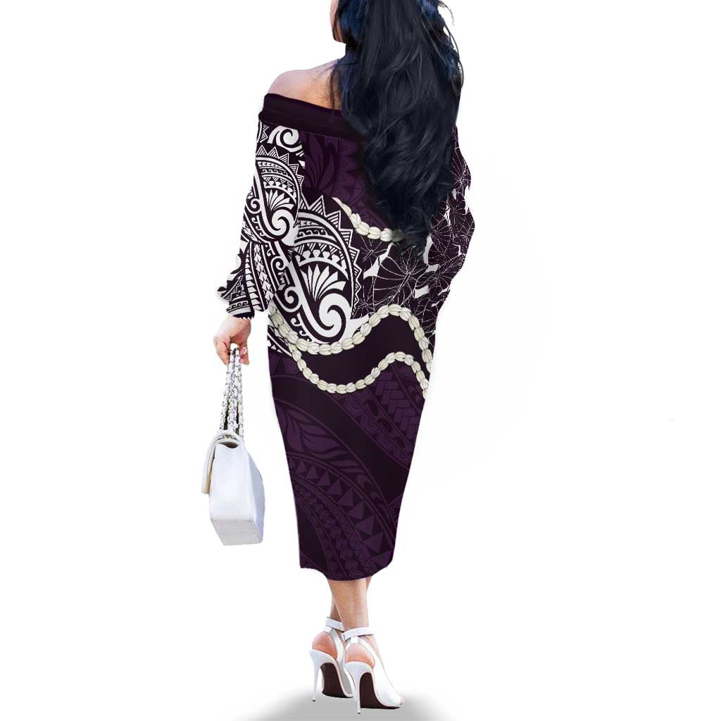 Aloha Hawaii Kalo Pikake Lei Family Matching Off The Shoulder Long Sleeve Dress and Hawaiian Shirt Chest Tattoo Purple Hawaiian Pattern LT14 - Polynesian Pride