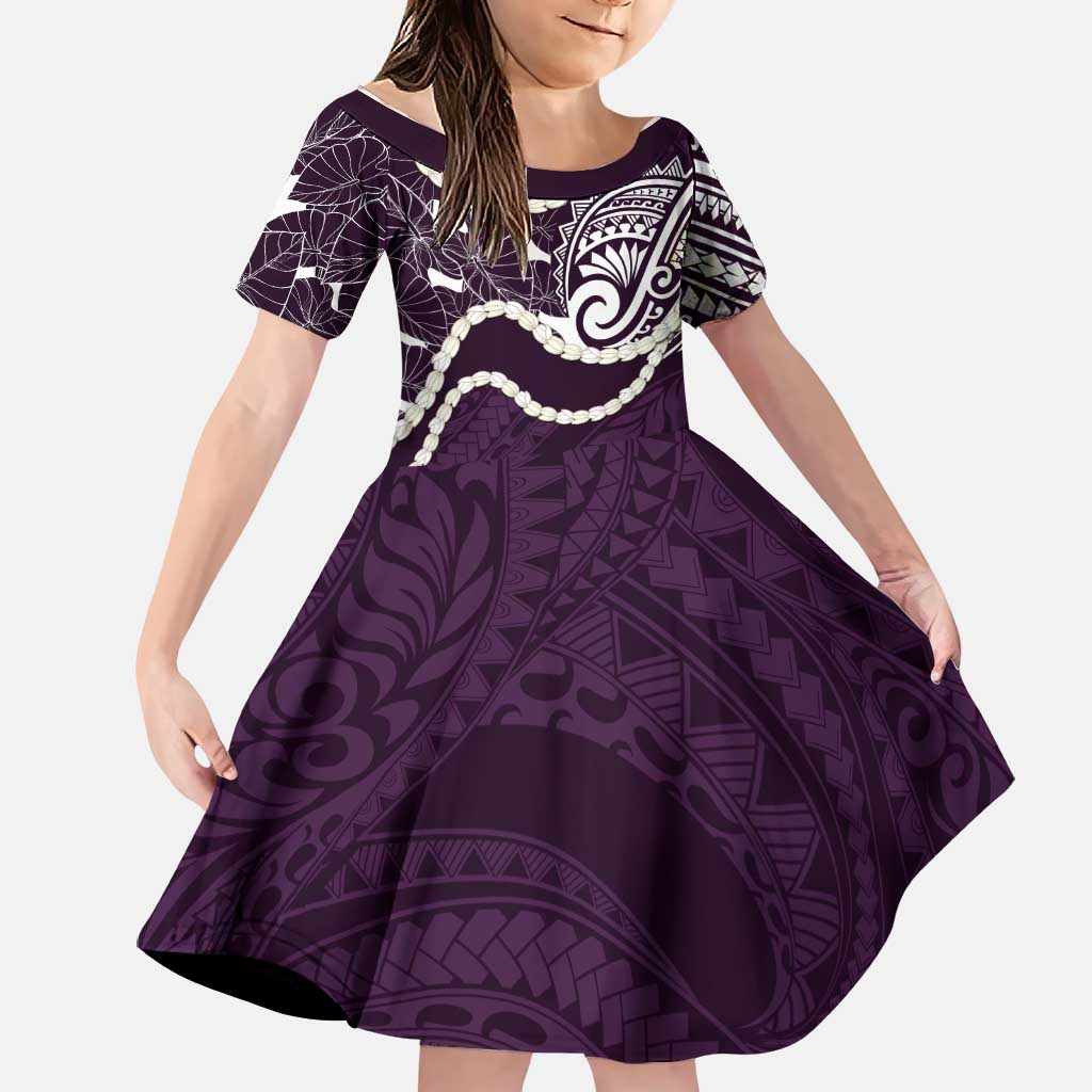 Aloha Hawaii Kalo Pikake Lei Family Matching Off Shoulder Maxi Dress and Hawaiian Shirt Chest Tattoo Purple Hawaiian Pattern LT14 Daughter's Dress Purple - Polynesian Pride