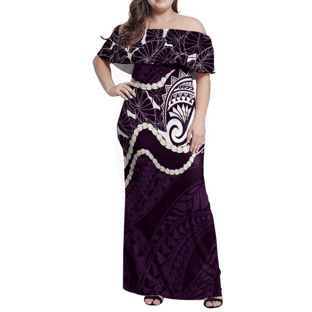 Aloha Hawaii Kalo Pikake Lei Family Matching Off Shoulder Maxi Dress and Hawaiian Shirt Chest Tattoo Purple Hawaiian Pattern LT14 Mom's Dress Purple - Polynesian Pride