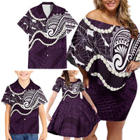 Aloha Hawaii Kalo Pikake Lei Family Matching Off Shoulder Short Dress and Hawaiian Shirt Chest Tattoo Purple Hawaiian Pattern LT14 - Polynesian Pride