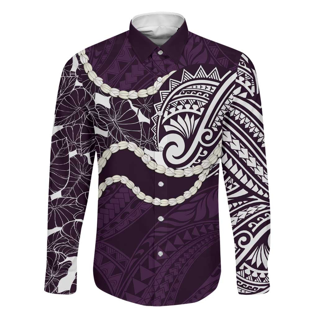 Aloha Hawaii Kalo Pikake Lei Family Matching Off Shoulder Short Dress and Hawaiian Shirt Chest Tattoo Purple Hawaiian Pattern LT14 Dad's Shirt - Long Sleeve Purple - Polynesian Pride