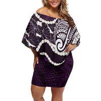 Aloha Hawaii Kalo Pikake Lei Family Matching Off Shoulder Short Dress and Hawaiian Shirt Chest Tattoo Purple Hawaiian Pattern LT14 Mom's Dress Purple - Polynesian Pride