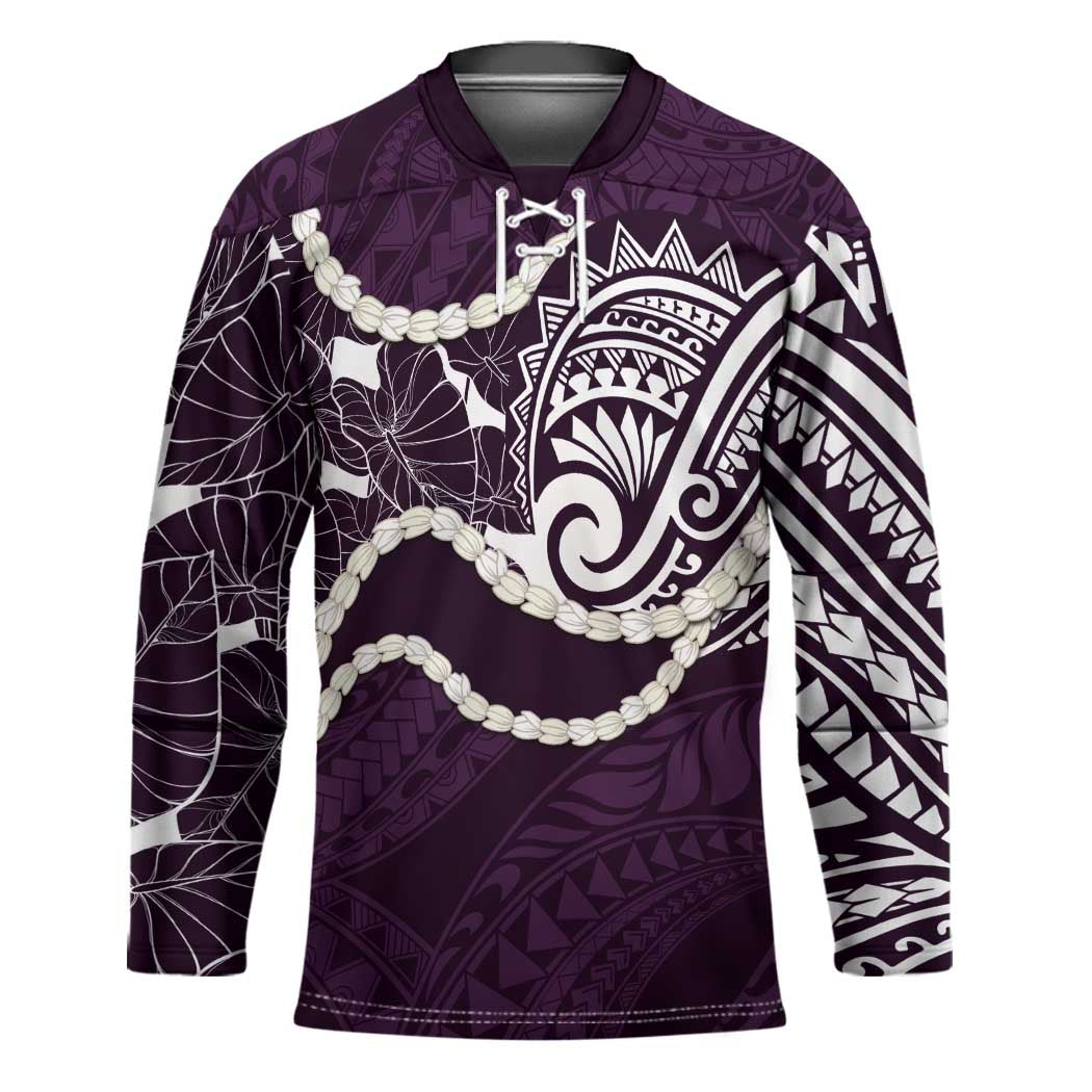 Aloha Hawaii Kalo Pikake Lei Hockey Jersey Chest Tattoo Purple Hawaiian Pattern