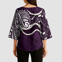 Aloha Hawaii Kalo Pikake Lei Kimono Sleeve Blouse Chest Tattoo Purple Hawaiian Pattern