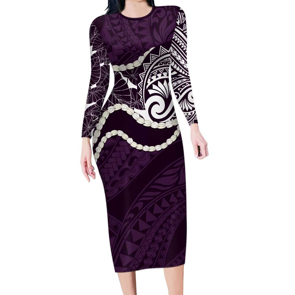 Aloha Hawaii Kalo Pikake Lei Long Sleeve Bodycon Dress Chest Tattoo Purple Hawaiian Pattern