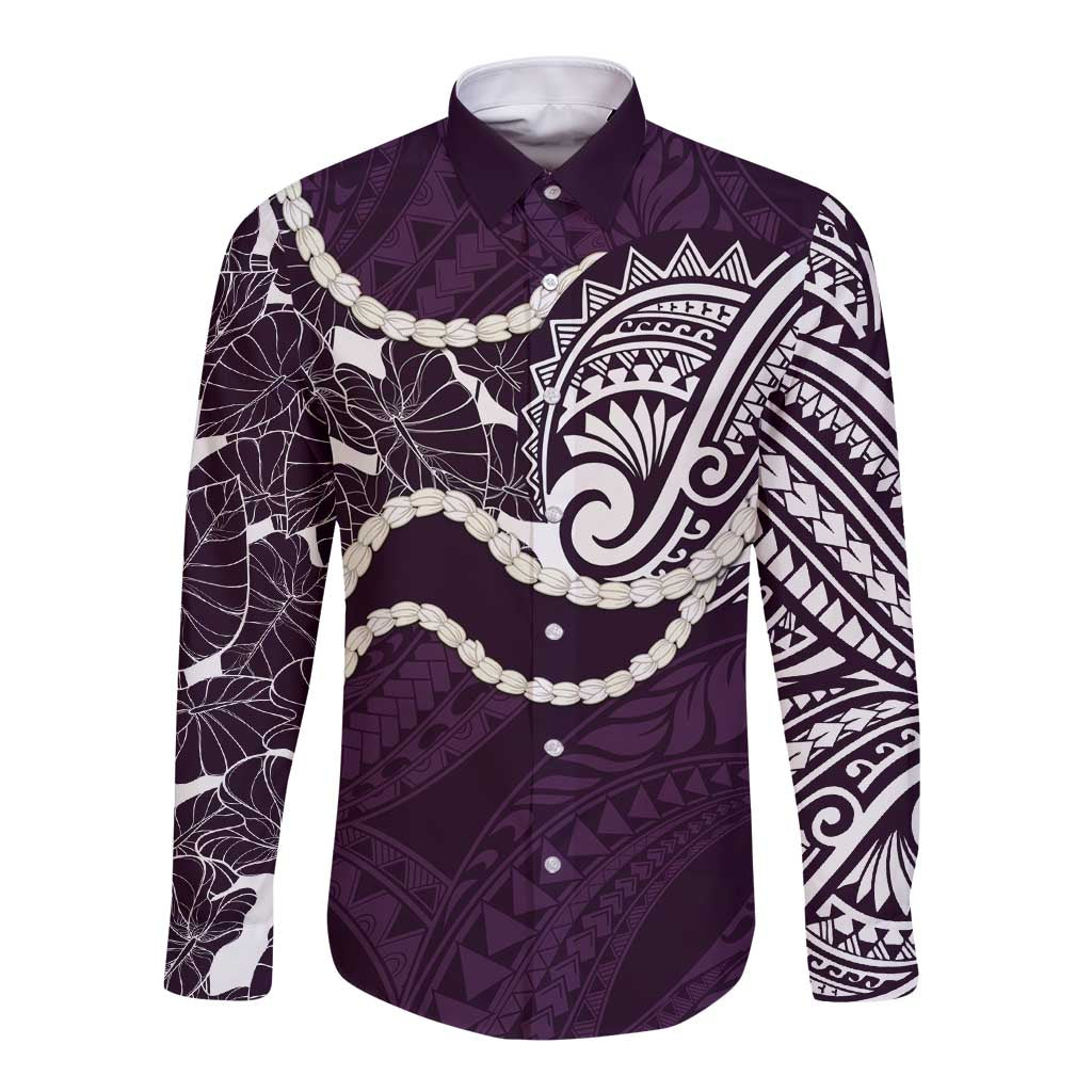 Aloha Hawaii Kalo Pikake Lei Long Sleeve Button Shirt Chest Tattoo Purple Hawaiian Pattern LT14 Unisex Purple - Polynesian Pride