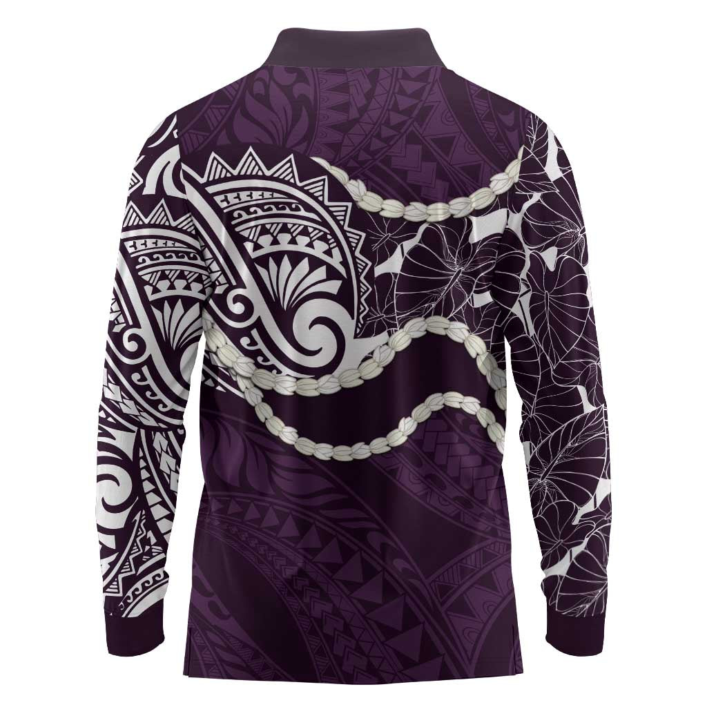 Aloha Hawaii Kalo Pikake Lei Long Sleeve Polo Shirt Chest Tattoo Purple Hawaiian Pattern