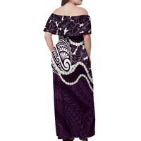 Aloha Hawaii Kalo Pikake Lei Off Shoulder Maxi Dress Chest Tattoo Purple Hawaiian Pattern