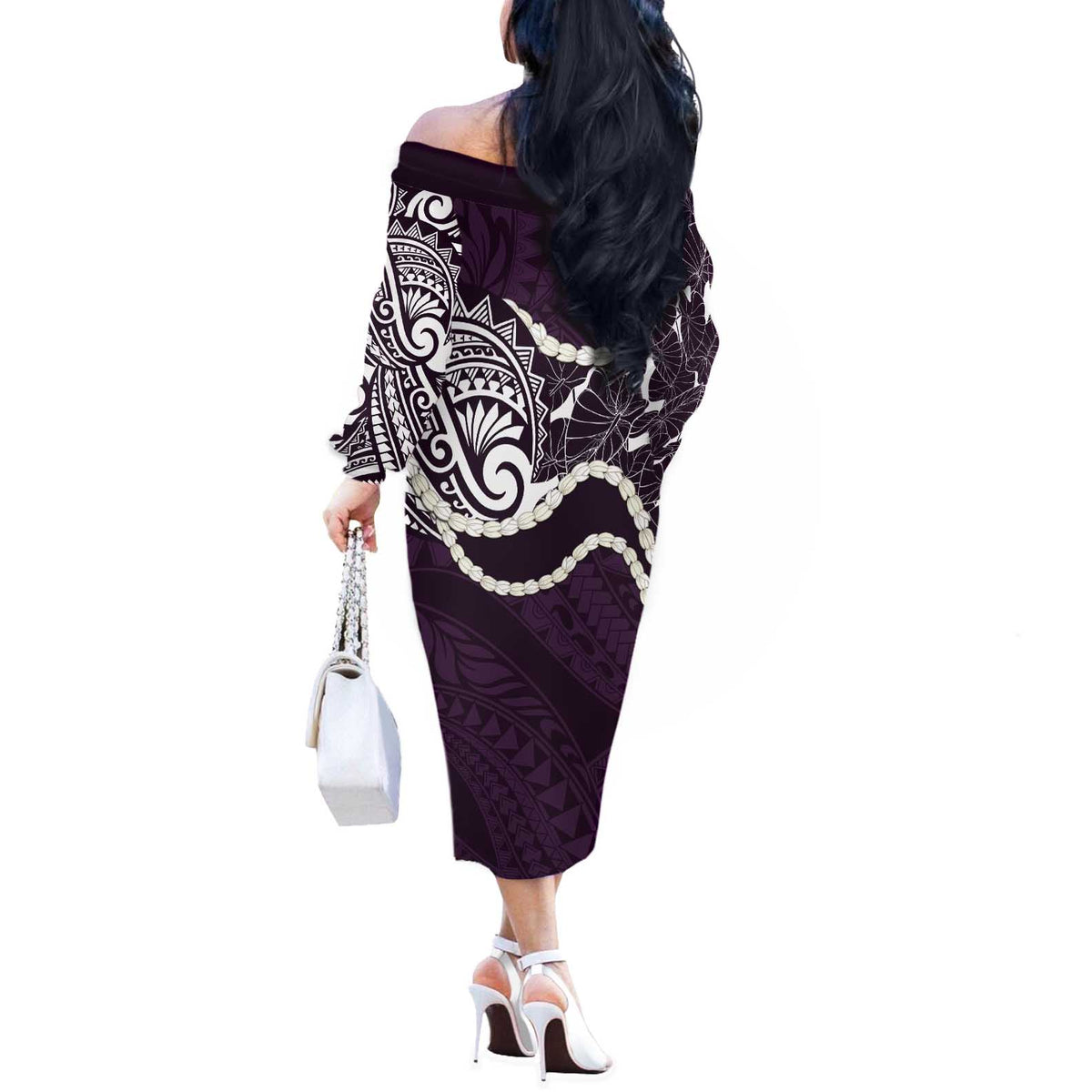 Aloha Hawaii Kalo Pikake Lei Off The Shoulder Long Sleeve Dress Chest Tattoo Purple Hawaiian Pattern