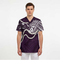 Aloha Hawaii Kalo Pikake Lei Scrub Top Chest Tattoo Purple Hawaiian Pattern