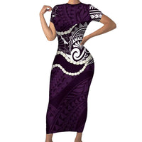 Aloha Hawaii Kalo Pikake Lei Short Sleeve Bodycon Dress Chest Tattoo Purple Hawaiian Pattern LT14 Long Dress Purple - Polynesian Pride