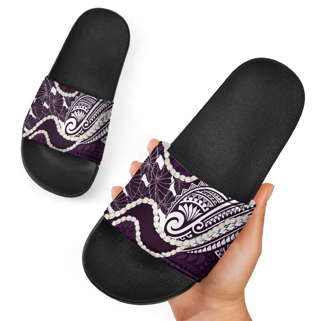 Aloha Hawaii Kalo Pikake Lei Slide Sandals Chest Tattoo Purple Hawaiian Pattern