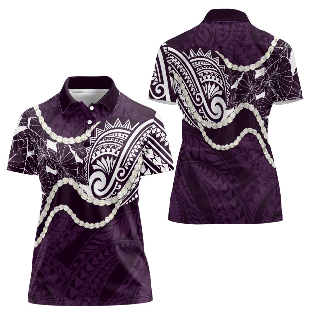 Aloha Hawaii Kalo Pikake Lei Women Polo Shirt Chest Tattoo Purple Hawaiian Pattern