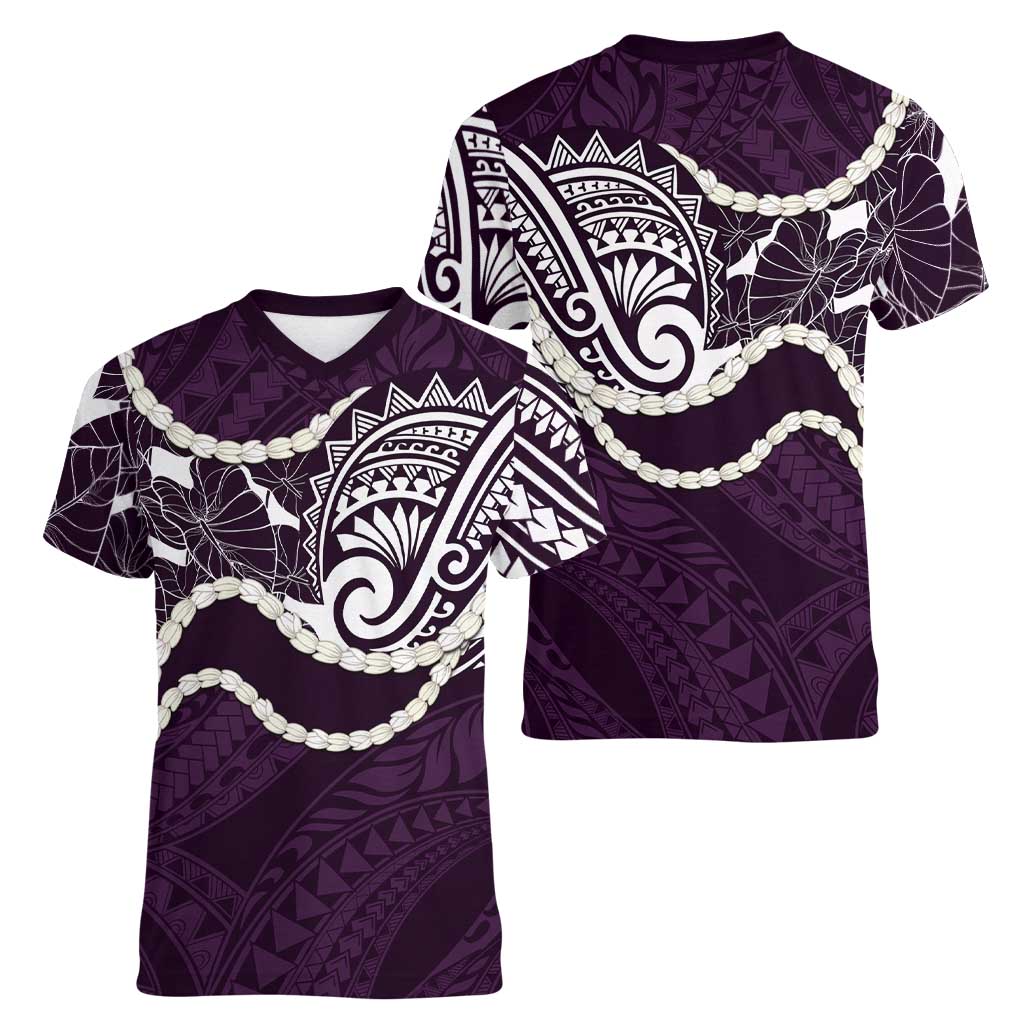Aloha Hawaii Kalo Pikake Lei Women V-Neck T-Shirt Chest Tattoo Purple Hawaiian Pattern