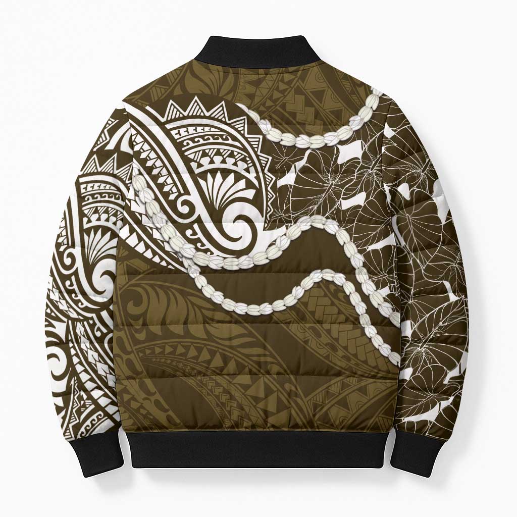 Aloha Hawaii Kalo Pikake Lei Bomber Puffer Jacket Chest Tattoo Gold Hawaiian Pattern
