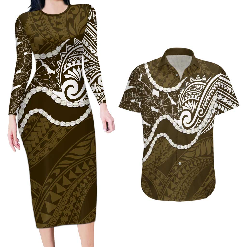 Aloha Hawaii Kalo Pikake Lei Couples Matching Long Sleeve Bodycon Dress and Hawaiian Shirt Chest Tattoo Gold Hawaiian Pattern LT14 Gold - Polynesian Pride